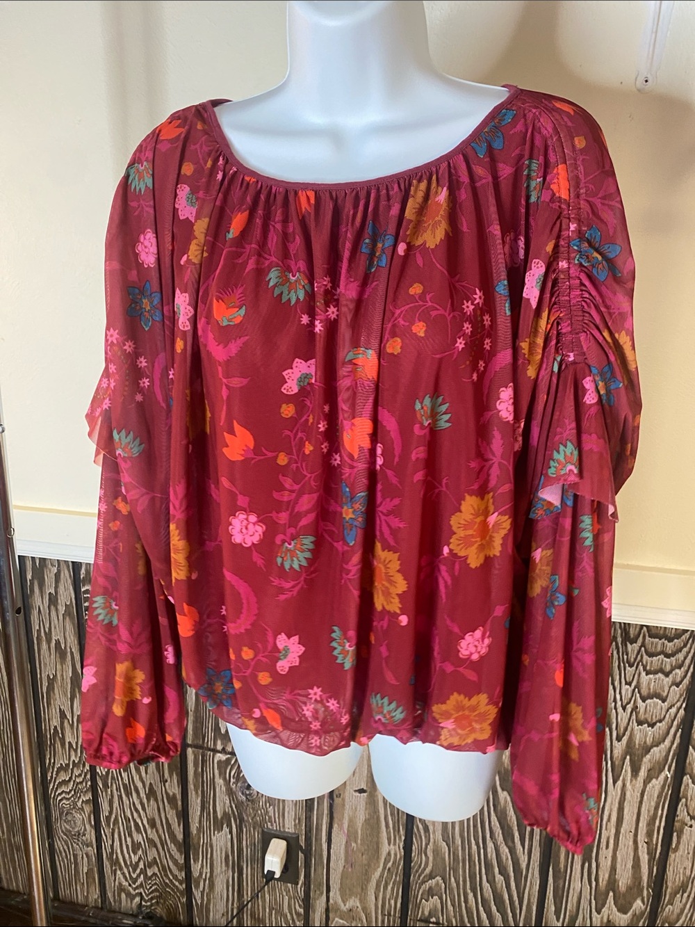 Free People Floral Peasant Blouse in Wine with Bright Accents